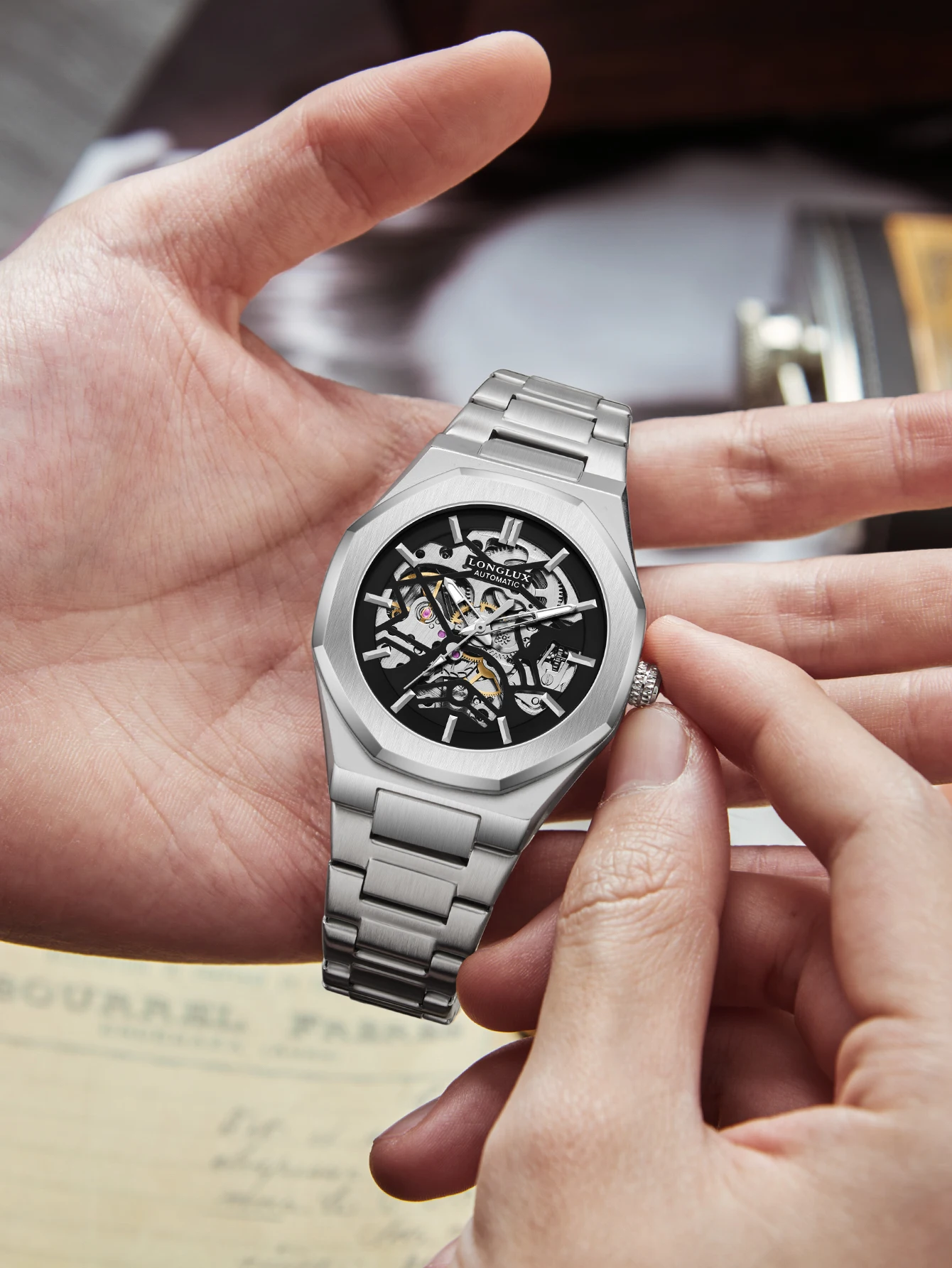Reloj Automático LONGLUX para Hombre, Reloj Mecánico Esqueleto Resistente al Agua, Diseño Alienígena, Acero Inoxidable, Regalo
