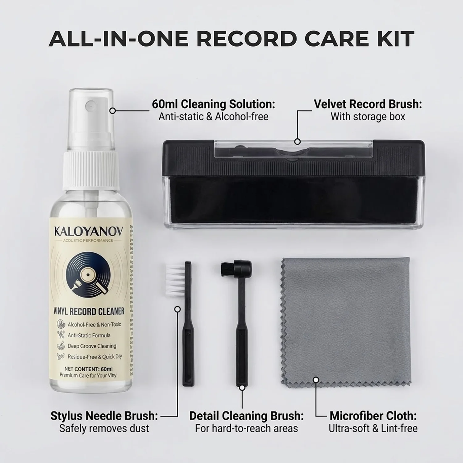 Kit Profesional de Limpieza de Discos de Vinilo con Spray sin Alcohol, Cepillo de Terciopelo y Limpiador de Agujas para el Mantenimiento de Tocadiscos LP
