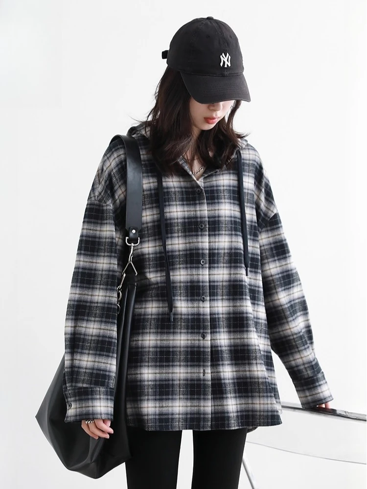 CHIC VEN-camisa coreana para mujer, blusas a cuadros con capucha cepilladas de algodón, abrigo femenino de gran tamaño de manga larga, Otoño Invierno 2025