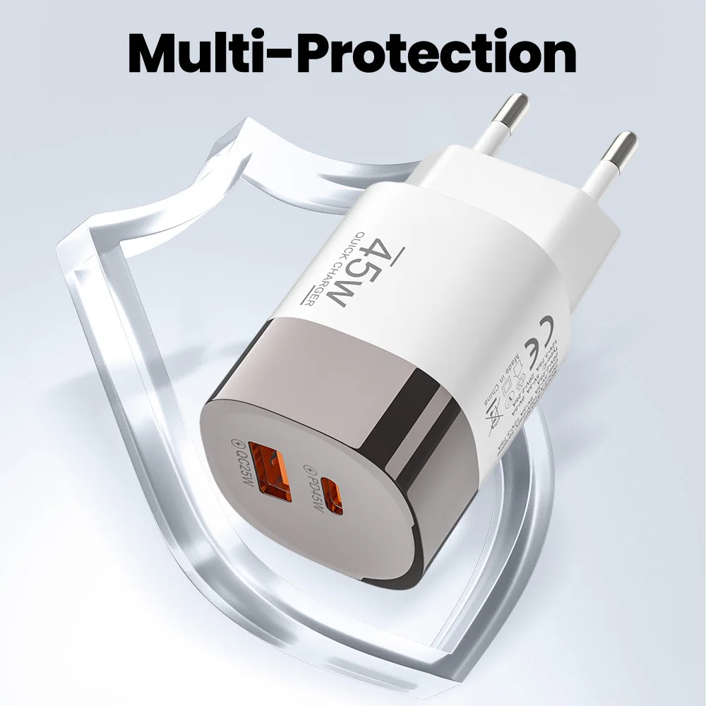 Cargador USB tipo C de 45W, 2 puertos PD, carga rápida para teléfono móvil, cargador de pared USB EU/UK/US, QC3.0, supercarga para iPhone, Samsung, Poco