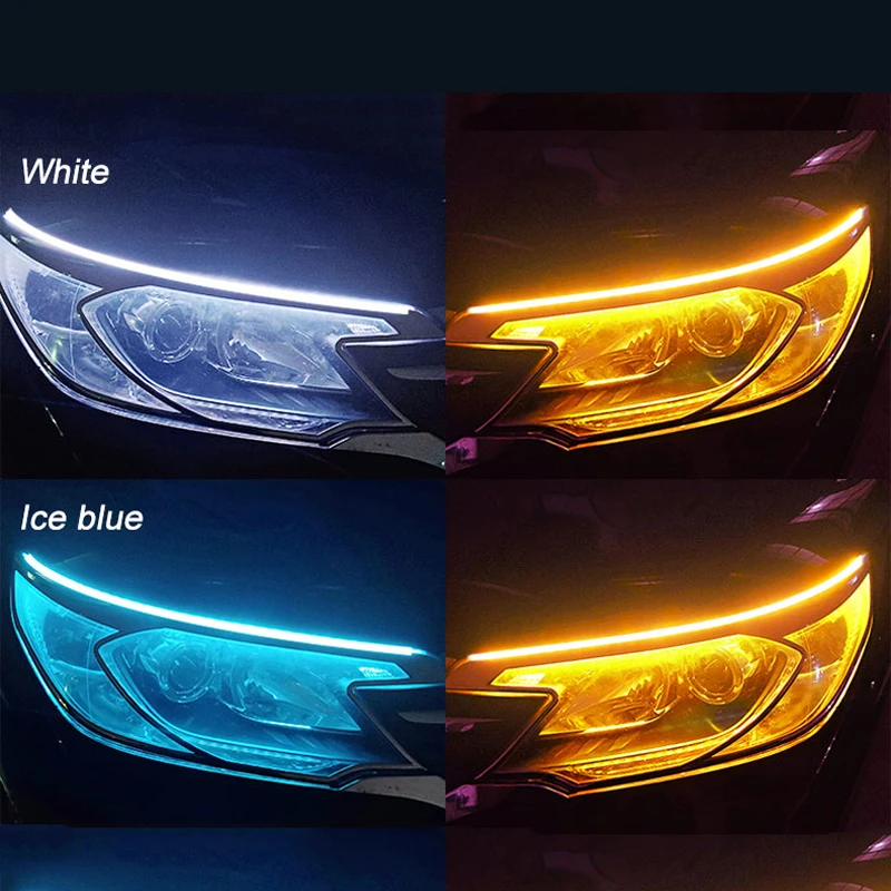 Luz de circulación diurna LED DRL para coche, 12V, 2 uds., Flexible con arranque, escaneo secuencial, luz de señal de giro, tiras de lámpara de faro Universal