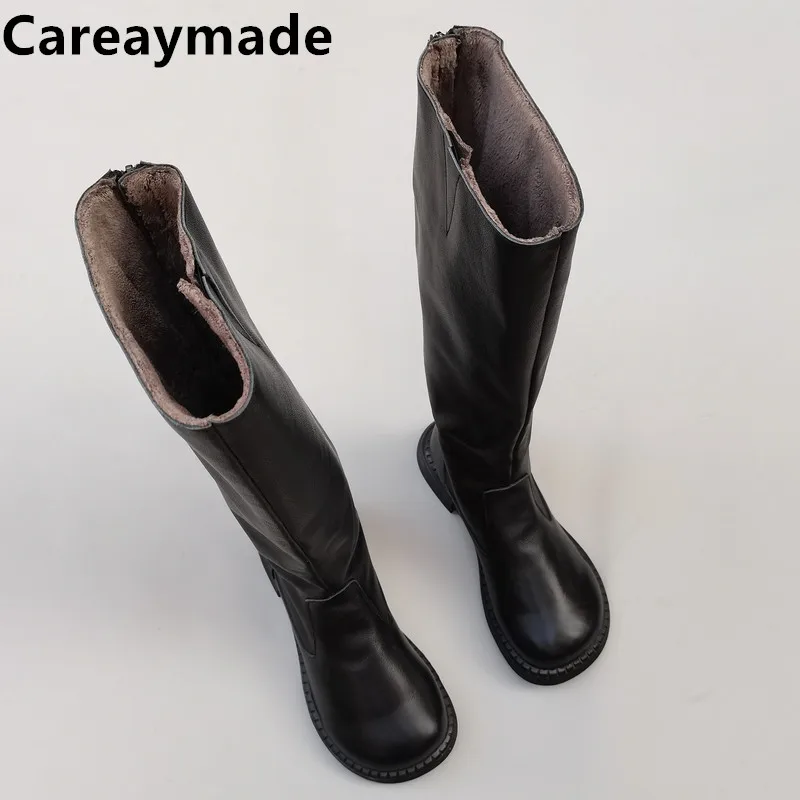 Careaymade-Botas de lana de invierno para mujer de edición ancha de cabeza grande de cuero genuino, botas individuales largas de caballero de cabeza redonda hechas a mano de piel de vaca