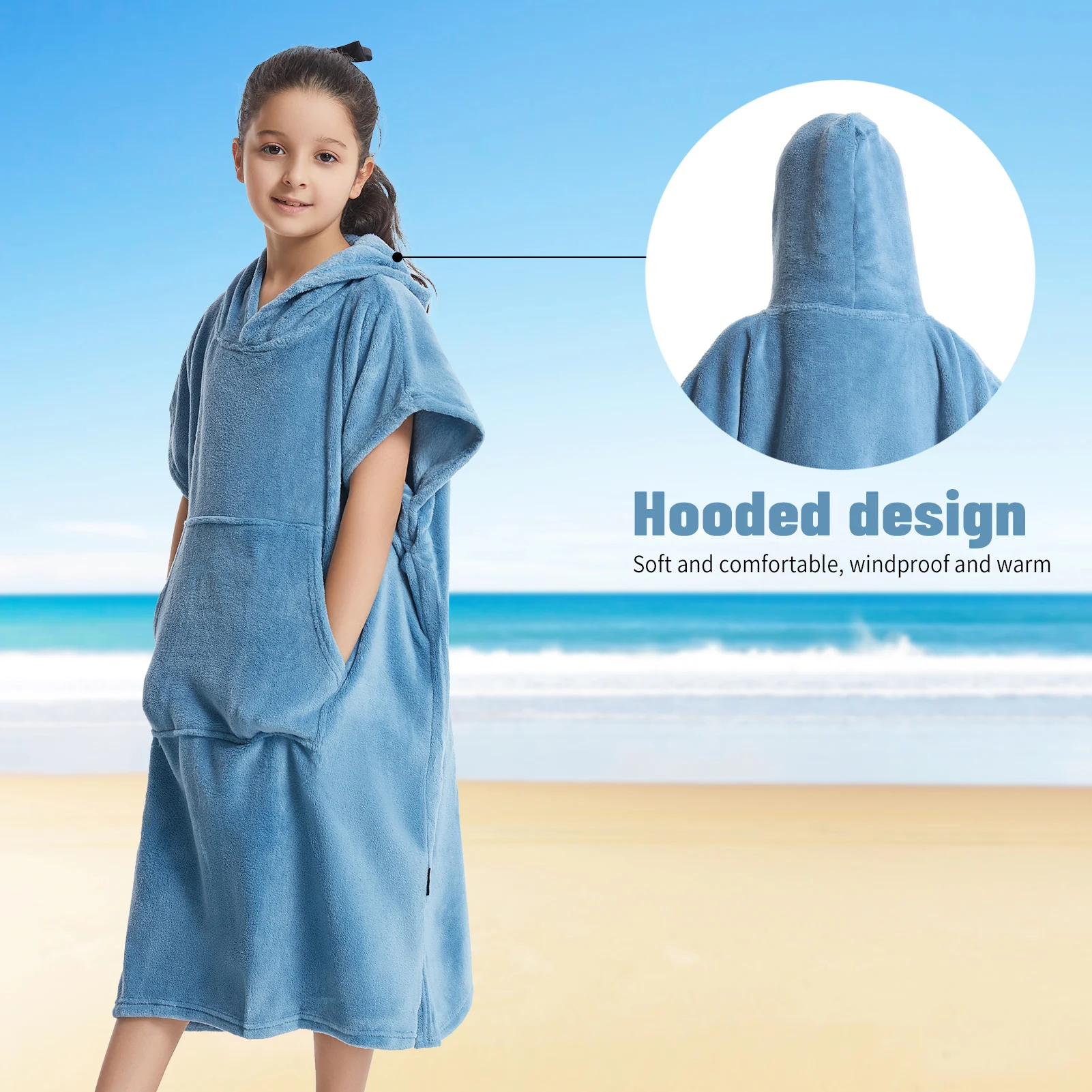 Bata de toalla cambiante para niños de microfibra: toallas de baño de felpa suave, sudadera con capucha de forro polar coral cálido, poncho de natación y surf para 5-12 años