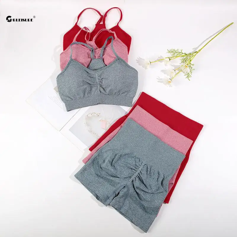 CHRLEISURE-Conjunto deportivo sin costuras para mujer, traje de Yoga de 2 uds, sujetador de Fitness con pantalones cortos de ciclismo, traje de entrenamiento elástico para gimnasio, ropa deportiva