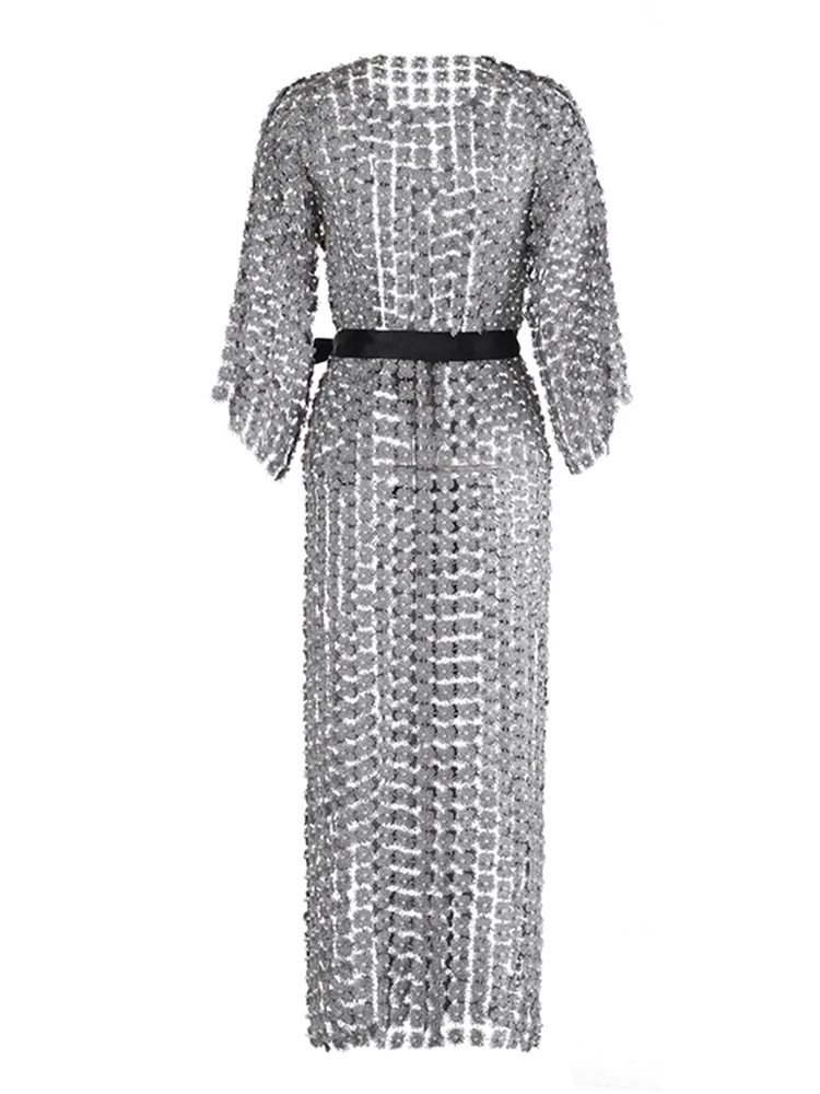 TWOTWINSTYLE, vestidos elegantes de parches lisos con perlas para mujer, cuello redondo, manga larga, lazo empalmado, vestido Midi adelgazante para mujer, nuevo