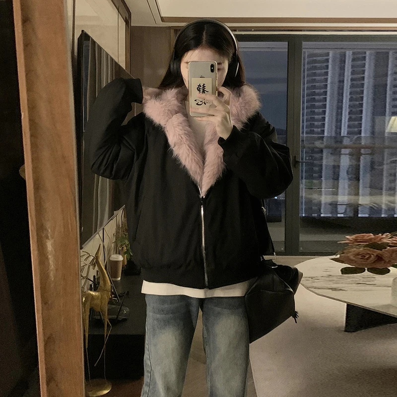 Nuevas chaquetas de invierno a la moda, ropa corta holgada de dos caras para mujer, chaqueta acolchada de algodón con capucha de piel de terciopelo de visón de imitación, abrigos de tendencia