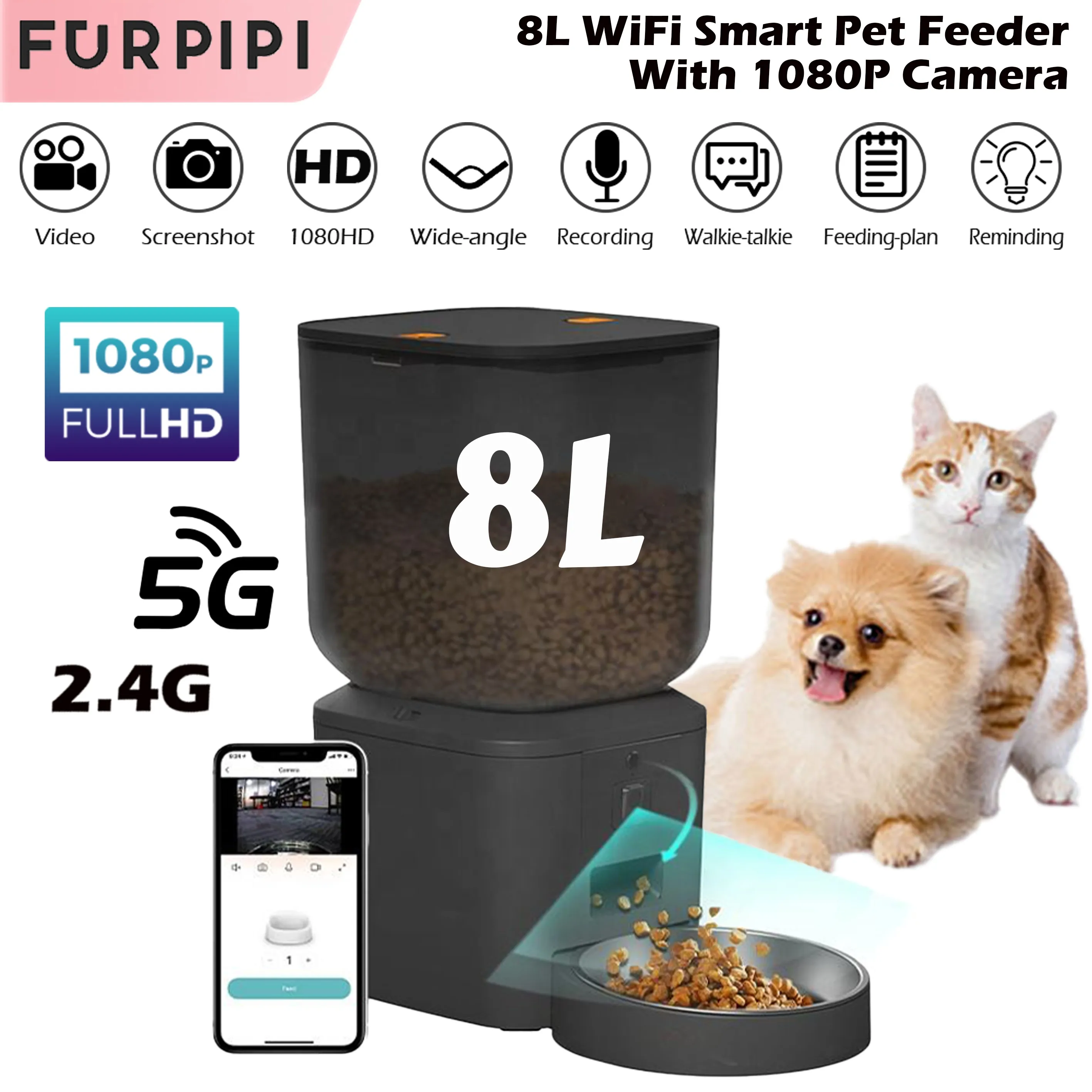 Comedero automático para gatos de 8L con cámara de vídeo de 1080p, dispensador de comida para gatos con WiFi 5G, grabadora de voz inteligente para mascotas, aplicación Tuya, alimentador automático para mascotas