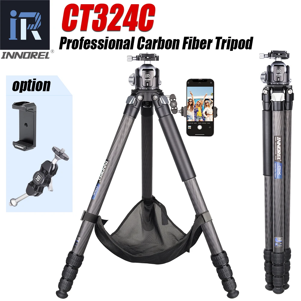 Trípode compacto de fibra de carbono con bolsa de piedra, soporte de cámara de viaje resistente INNOREL CT324C para videocámara Canon, Sony, Nikon, DSLR