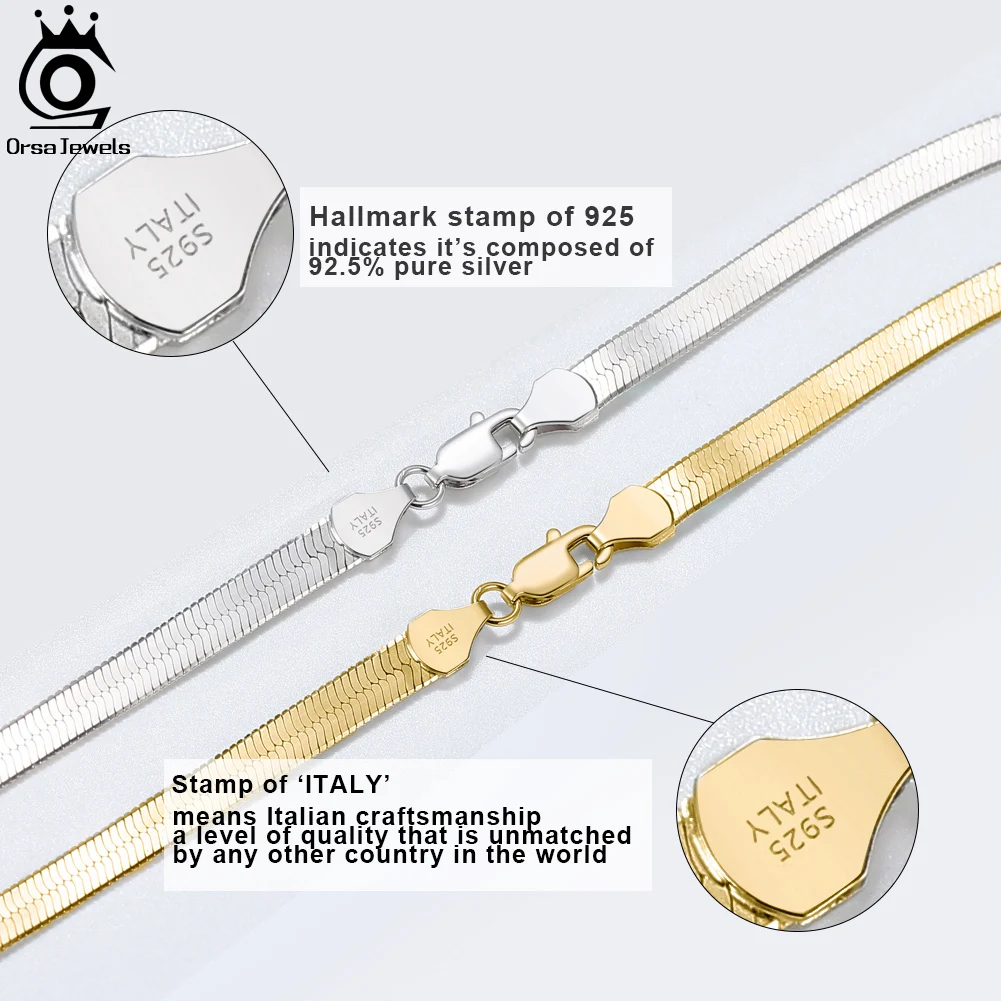 ORSA JEWELS-collar de cadena plana Flexible de oro de 3mm para mujer, de Plata de Ley 925, cadena de serpiente en espiga, joyería para el cuello SC35