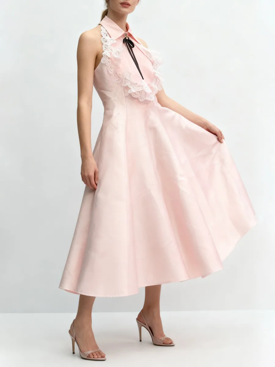 TWOTWINSTYLE, vestidos largos elegantes adelgazantes de encaje empalmado para mujer, vestido sin mangas con solapa de cintura alta con lazo de retales, vestido femenino nuevo