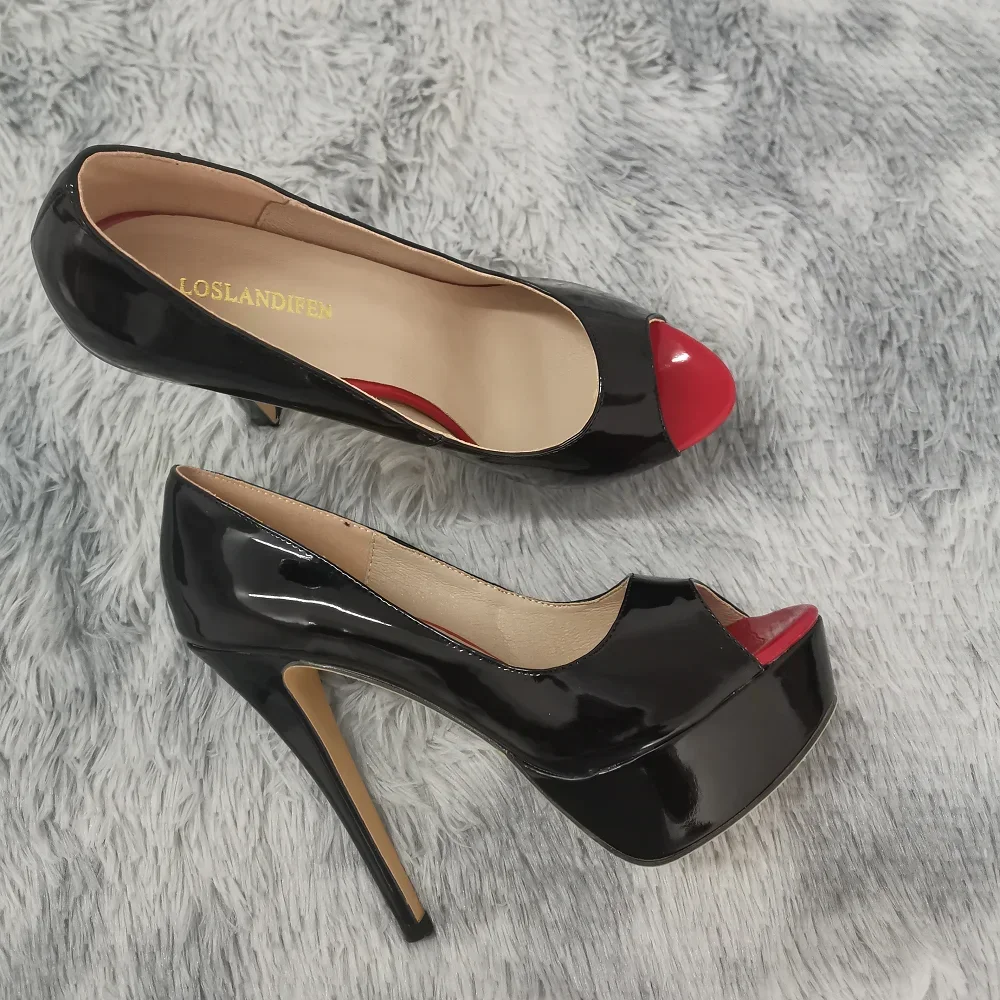 LOSLANDIFEN, zapatos de tacón sexis con plataforma peep toe de 14cm, tacones súper altos, zapatos de charol, tacones de aguja rojos para boda, talla grande 44