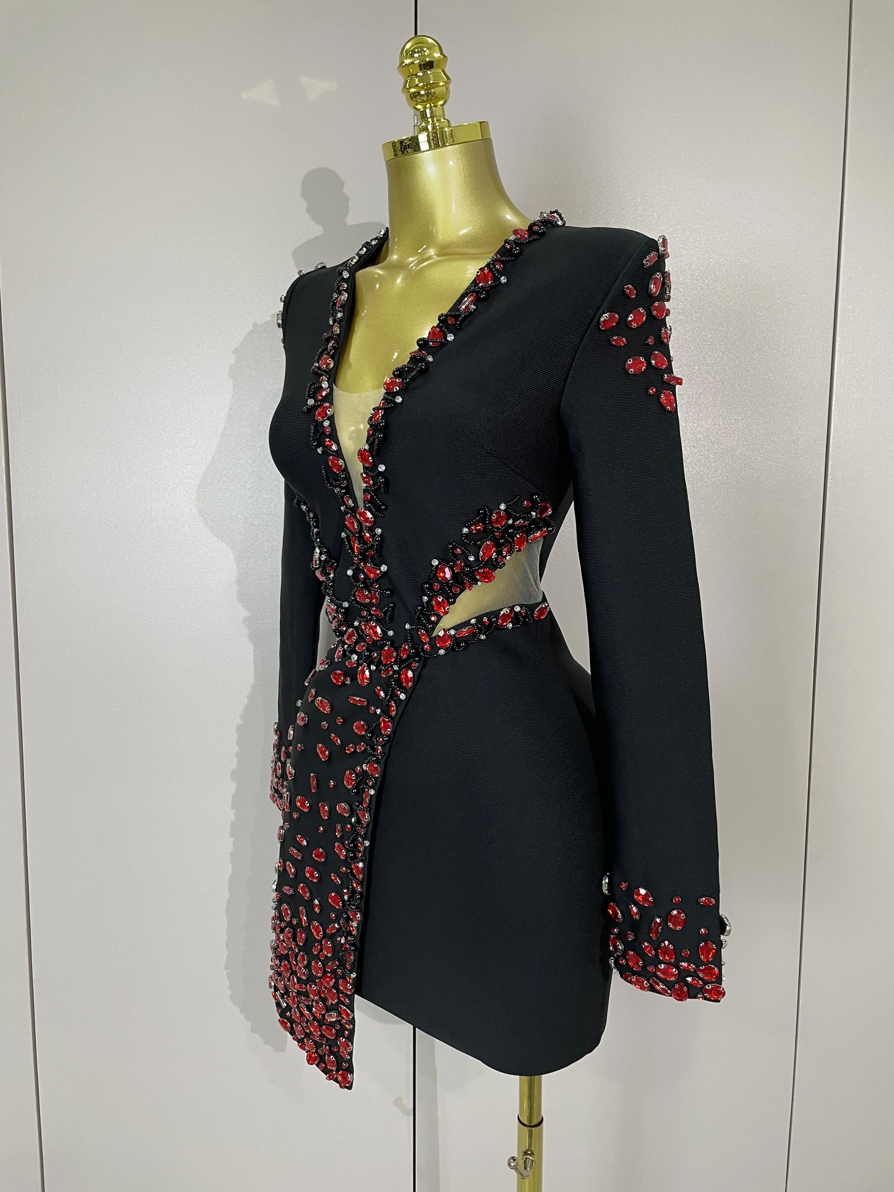 Vestido Bandage negro con diamantes de imitación y cuello en V de manga larga para mujer, vestidos elegantes de lujo para fiesta de cumpleaños y Club nocturno 2025