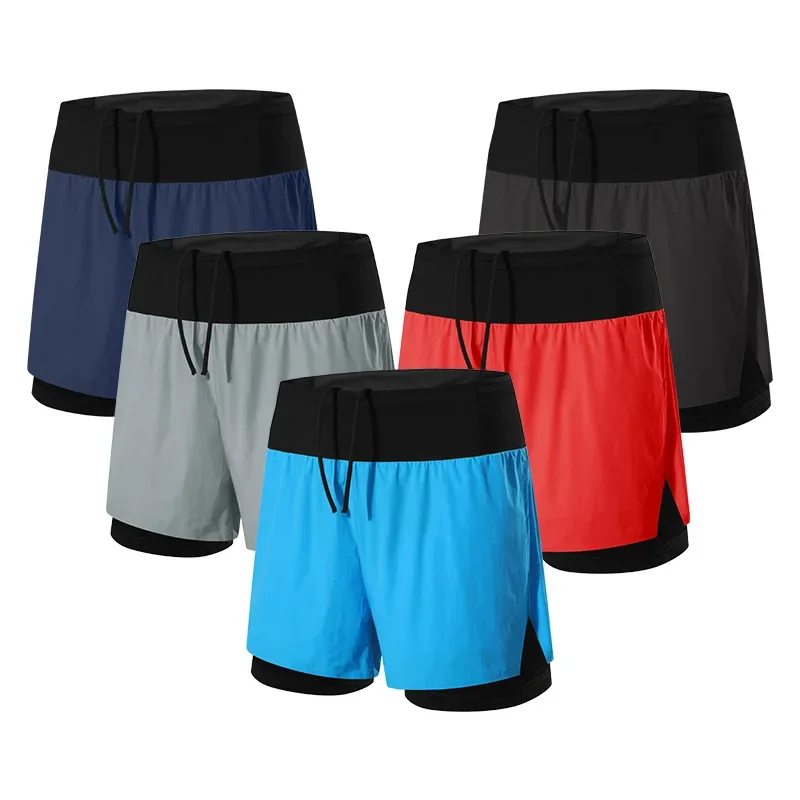 Pantalones cortos de doble cubierta para hombre, para correr, gimnasio, Fitness, correr, bolsillo de secado rápido, traning, trotar, entrenamiento