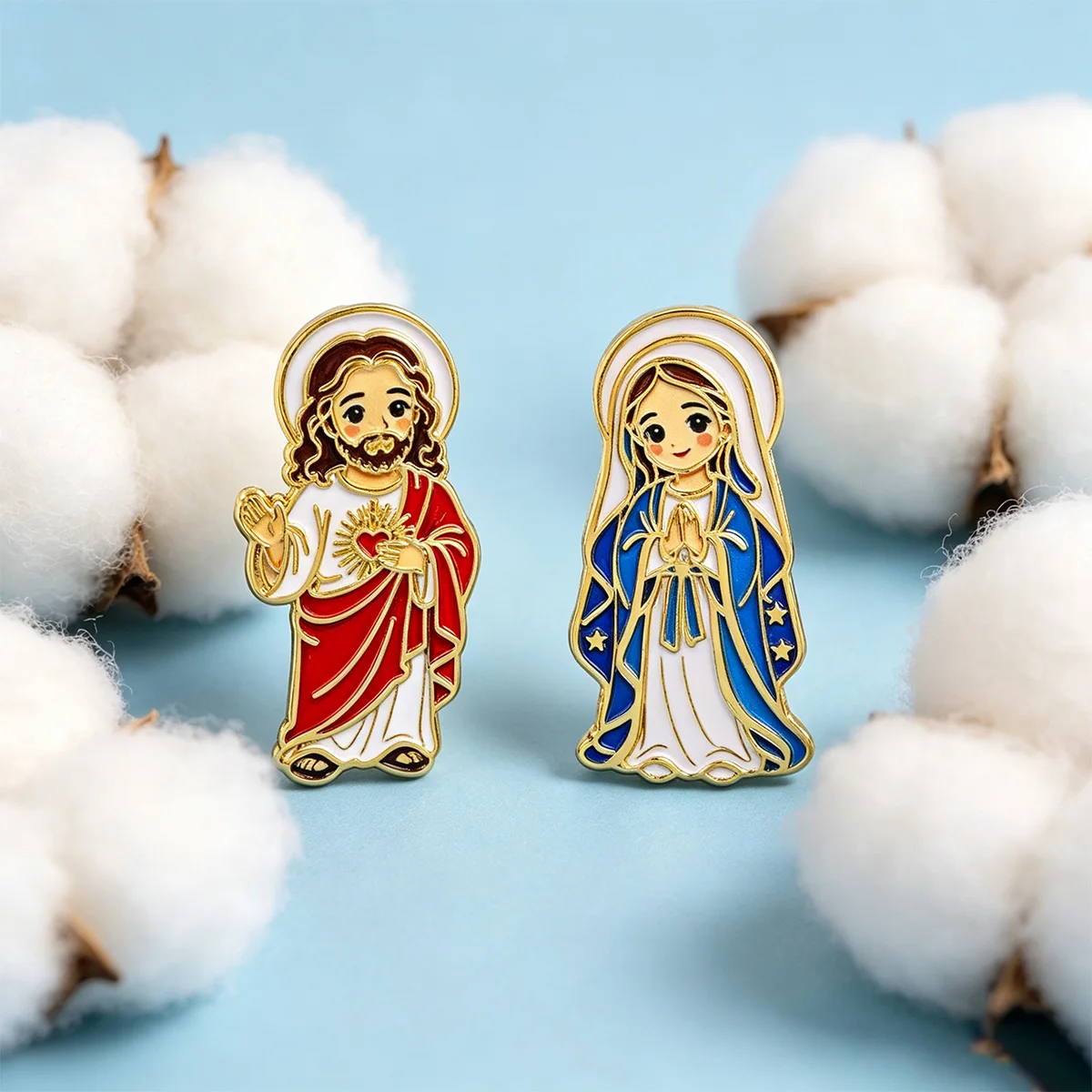 Juego de 2 broches de esmalte de Jesús y la Virgen María para abrigos, broches vintage, insignias de metal para cuello y solapa, regalo de joyería