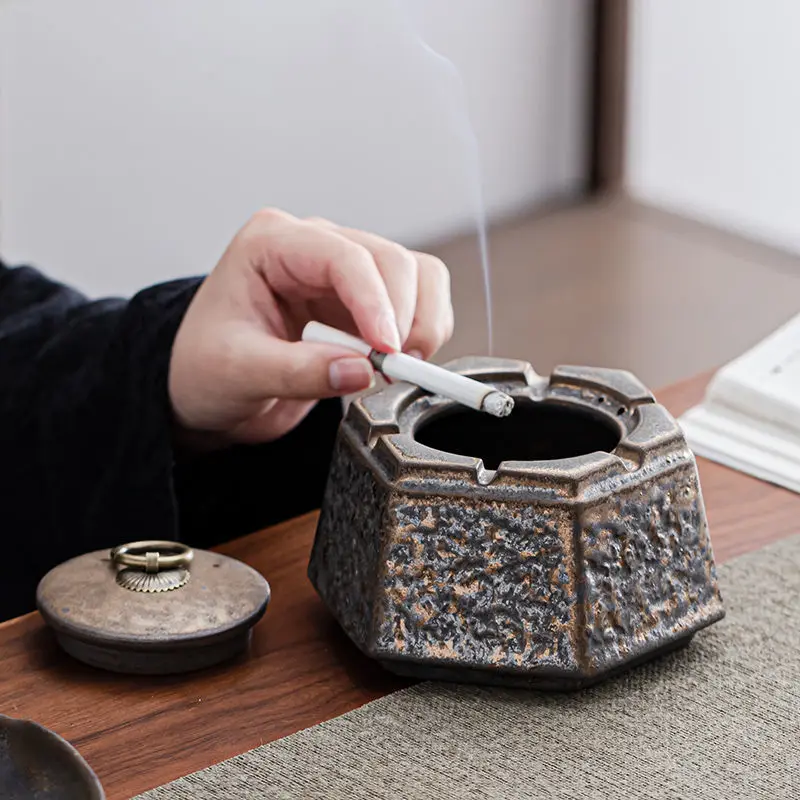 Cenicero de Cerámica Estilo Japonés con Acabado Envejecido, Cenicero Antiguo, Taza para Ceniza, Decoración para Sala de Estar, Oficina, Té, Adorno de Escritorio