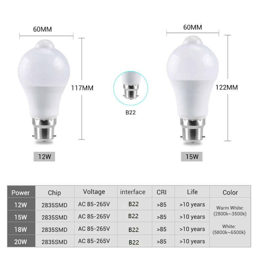 B22 12W 15W 18W 20W bombilla LED Sensor de movimiento Blub luz Led 85-265V lámpara LED PIR Sensor luz Auto luz de estacionamiento para el hogar