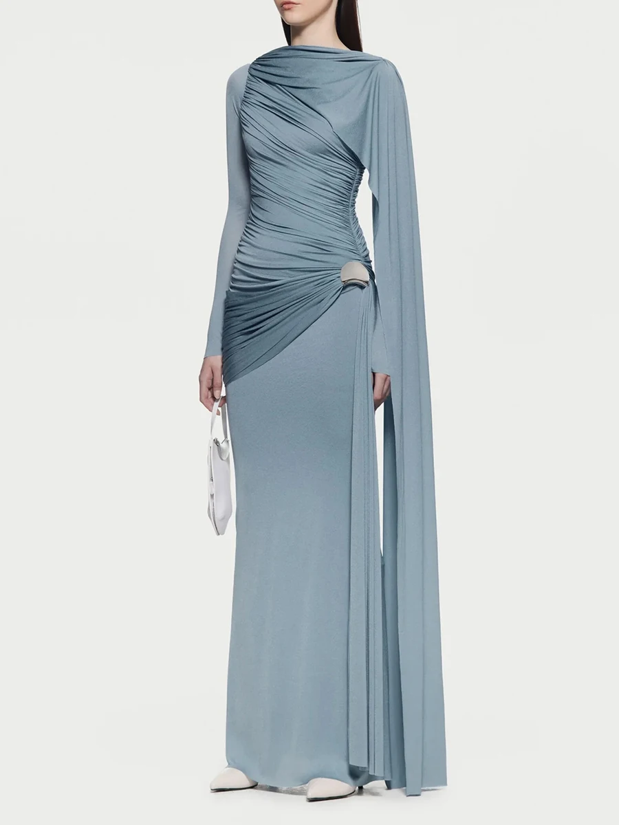 TWOTWINSTYLE, vestidos adelgazantes con pliegues empalmados para mujer, cuello redondo, manga larga, vestido con cinta de retales, ropa femenina