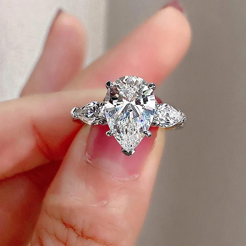 Anillos de compromiso de diamante moissanita con corte de pera de 1/2/3/6 quilates para mujer, anillo de boda con forma de gota de agua de 3 piedras de Plata de Ley 925