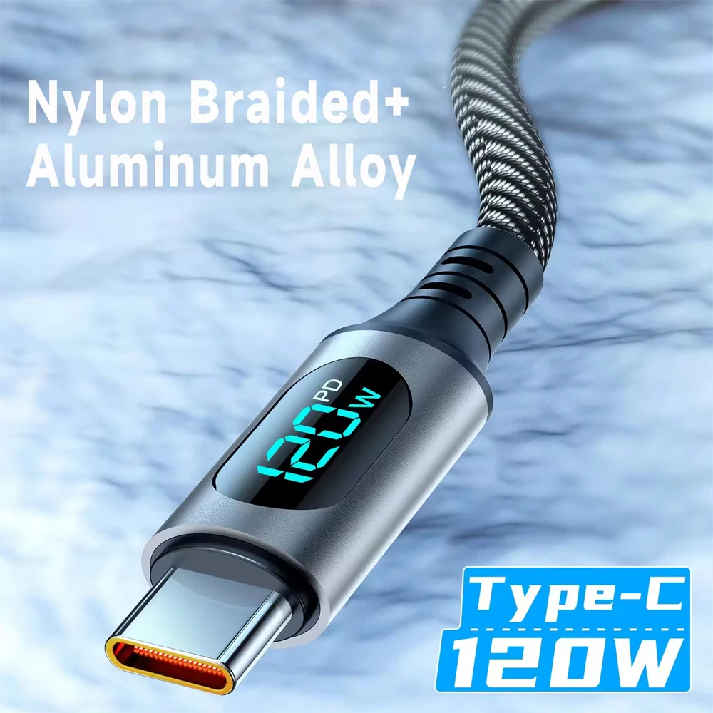 Cable de Carga Superrápida NNBILI 6A USB A a Tipo C de 120W, Cable de Datos de Nailon para Huawei POCO Samsung con Pantalla Digital LED