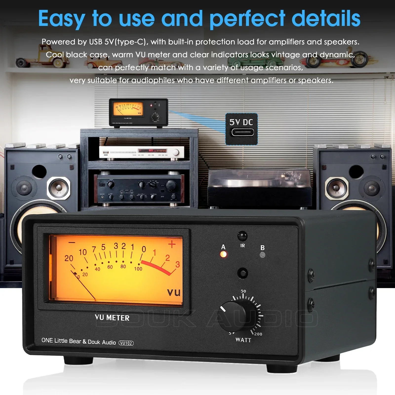 Douk Audio-caja de conmutación de Audio 1 en 2 salidas, Selector 2 en 1 para amplificador/altavoz con Control remoto IR, medidor VU