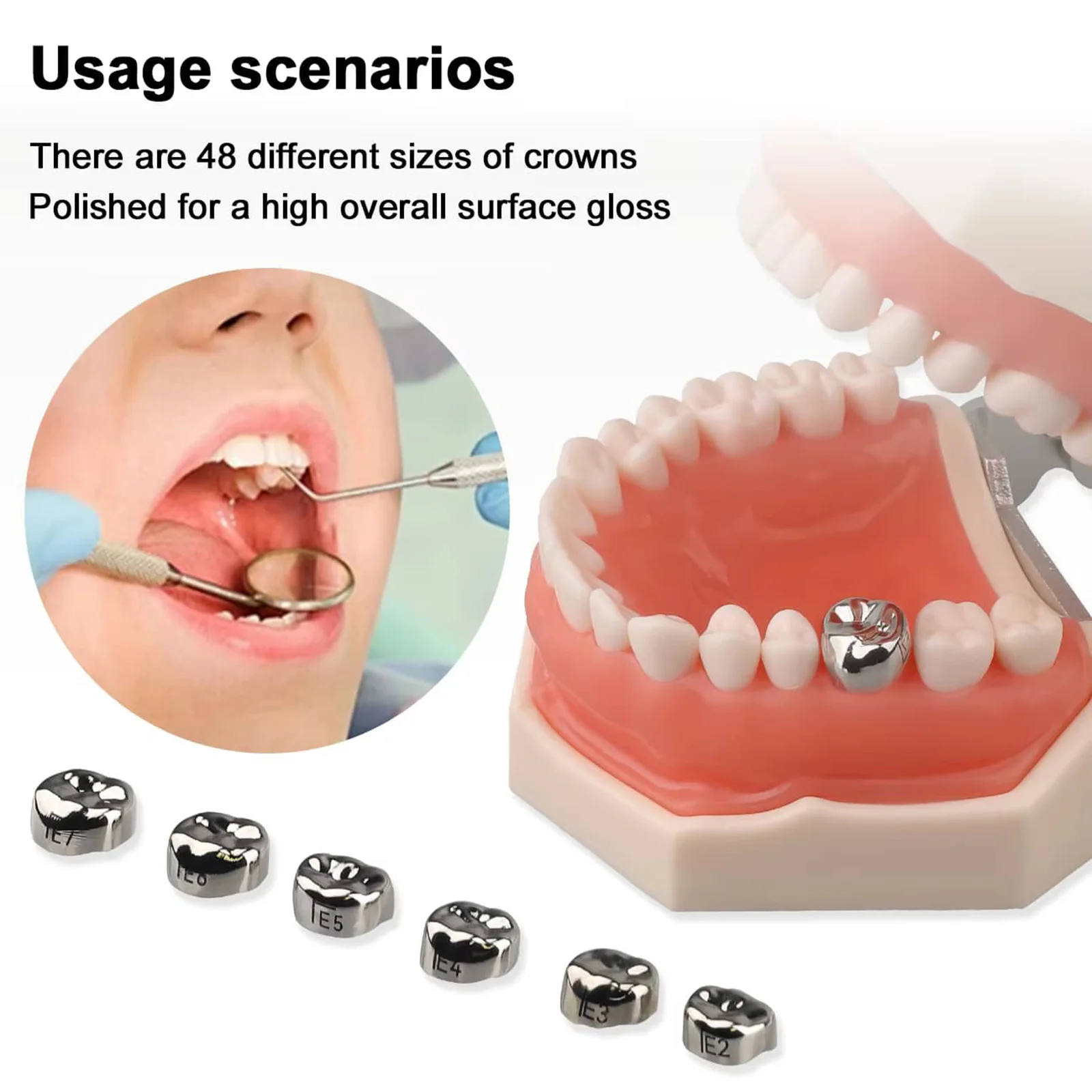1-5 Juegos de Coronas Dentales Preformadas de Acero Inoxidable para Molares Primarios, Kit de 48 Coronas Temporales para Niños, Suministros para Dentistas Pediátricos