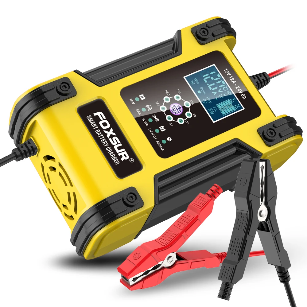 Foxsur-cargador de batería de coche completamente automático, 12V, 12A, pantalla Digital, cargadores de reparación de pulso de potencia, ácido de plomo seco y húmedo