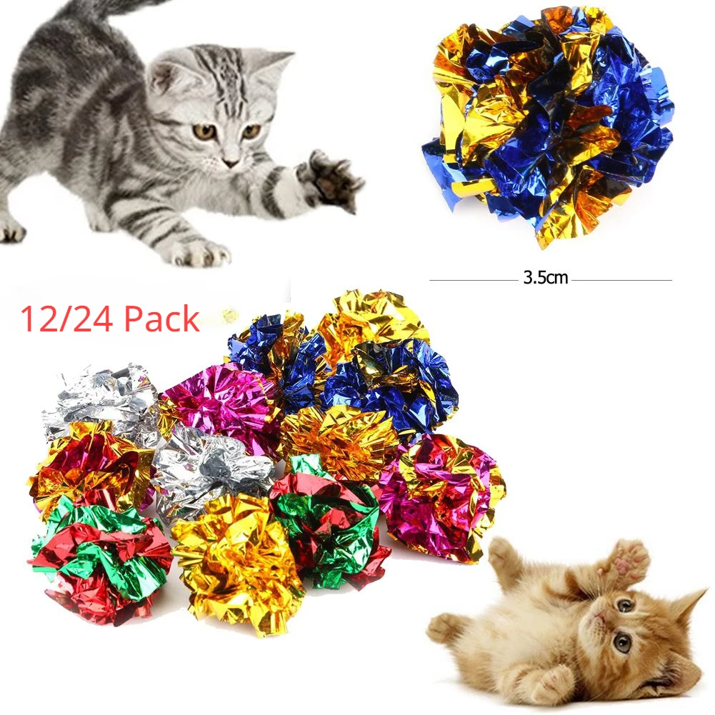 Paquete de 24/12 bolas arrugadas coloridas, juguete de papel de estaño con sonido para gatos, durabilidad, muñecas de vocalización, juguetes interactivos para morder y chirrido