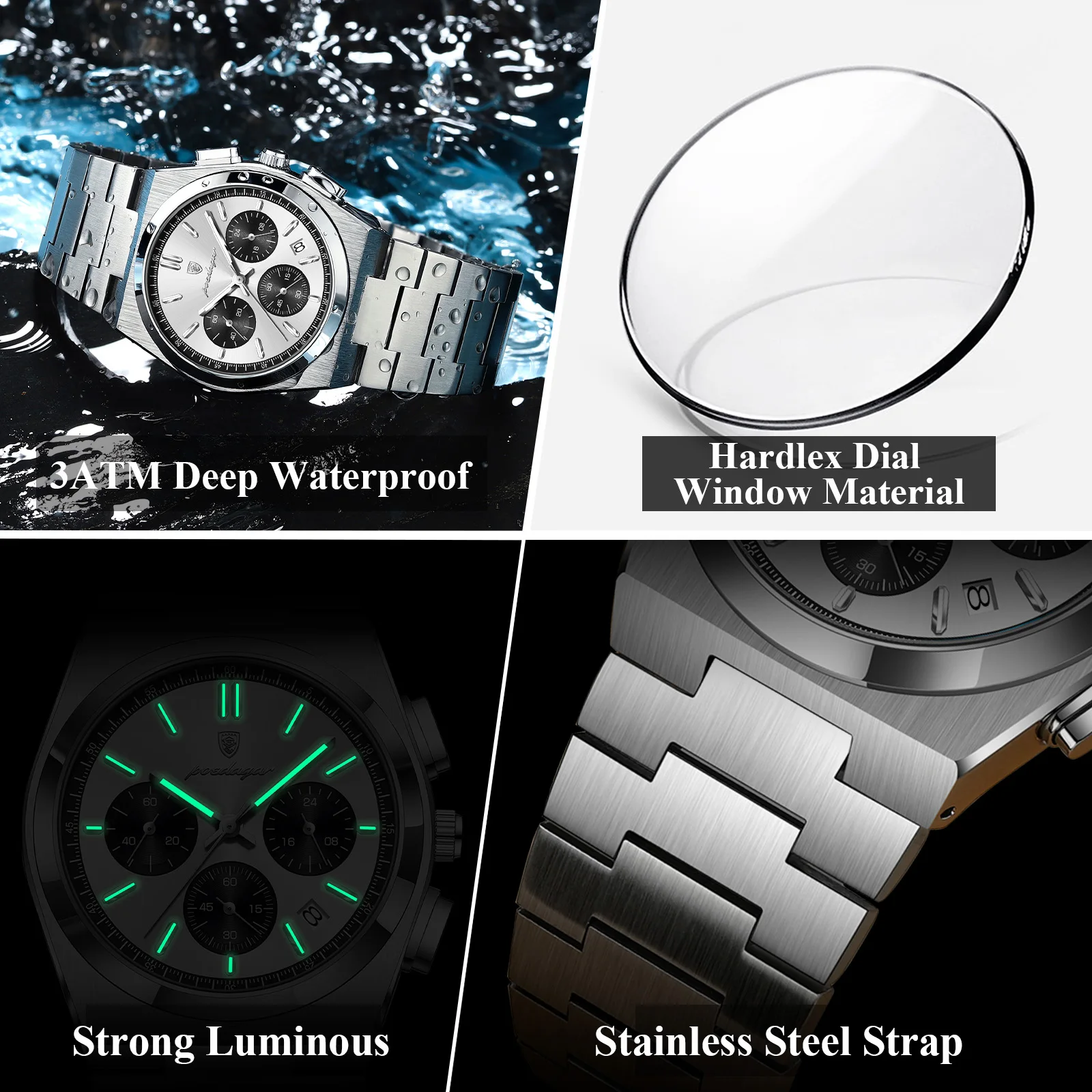 Reloj POEDAGAR para Hombre de Negocios, Cronógrafo, Fecha, Acero Inoxidable, Clásico, Resistente al Agua, Luminoso, de Cuarzo