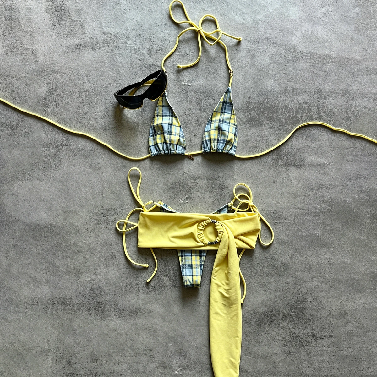 Conjunto de Bikini de 3 Piezas para Mujer, Traje de Baño Micro 2026, Sexy, Estampado a Cuadros, Ropa de Playa, Pareo, Traje de Baño, Biquini