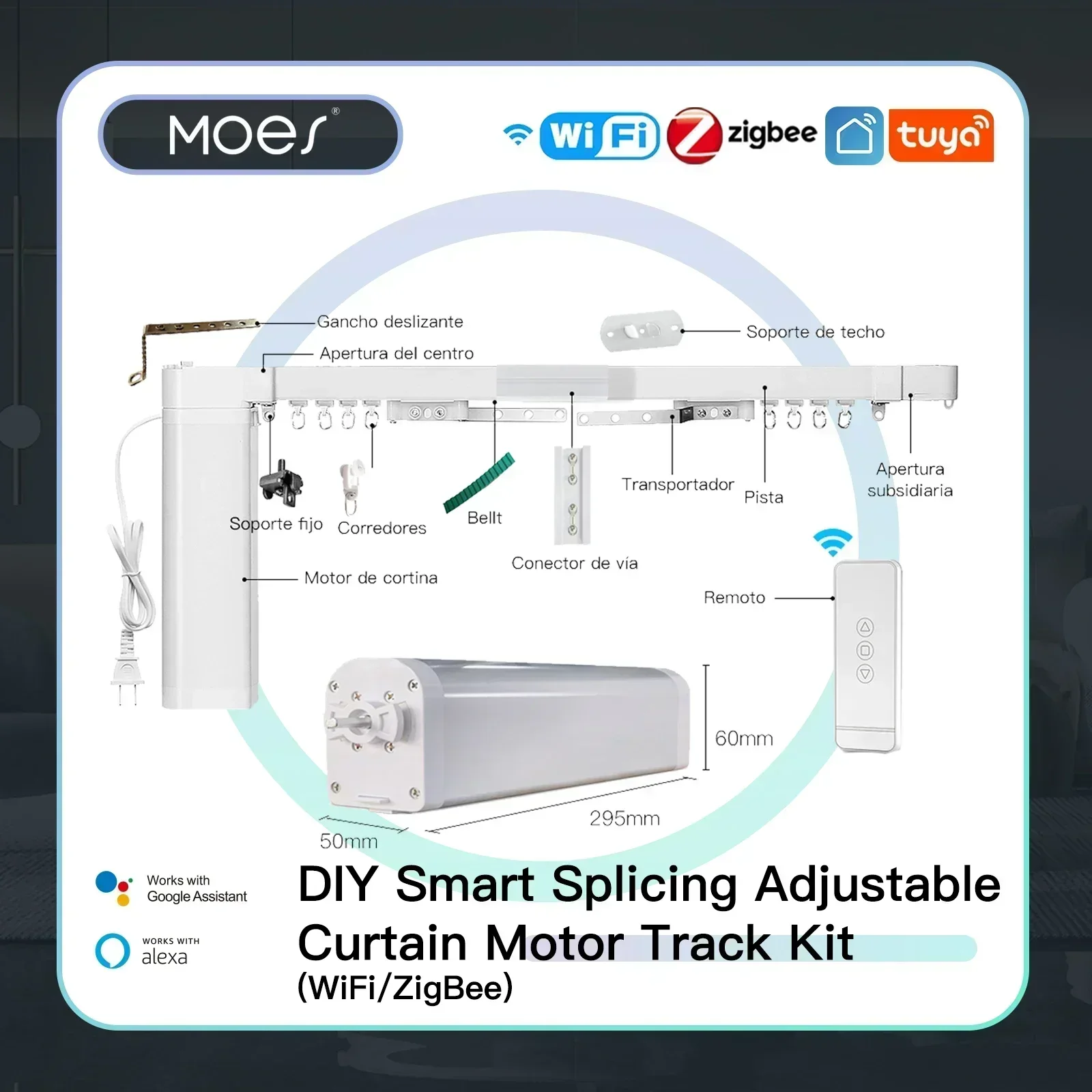 MOES-Motor de cortina eléctrica WiFi/ZigBee, pista de cortina de empalme motorizada personalizada inteligente Tuya con control remoto RF, Alexa, voz de Google