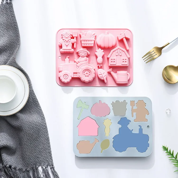 Molde de silicona para modelado de tema de granja de 9 agujeros, herramienta para hornear, molde para pastel, cubo de hielo, molde de Chocolate epoxi, accesorios para hornear
