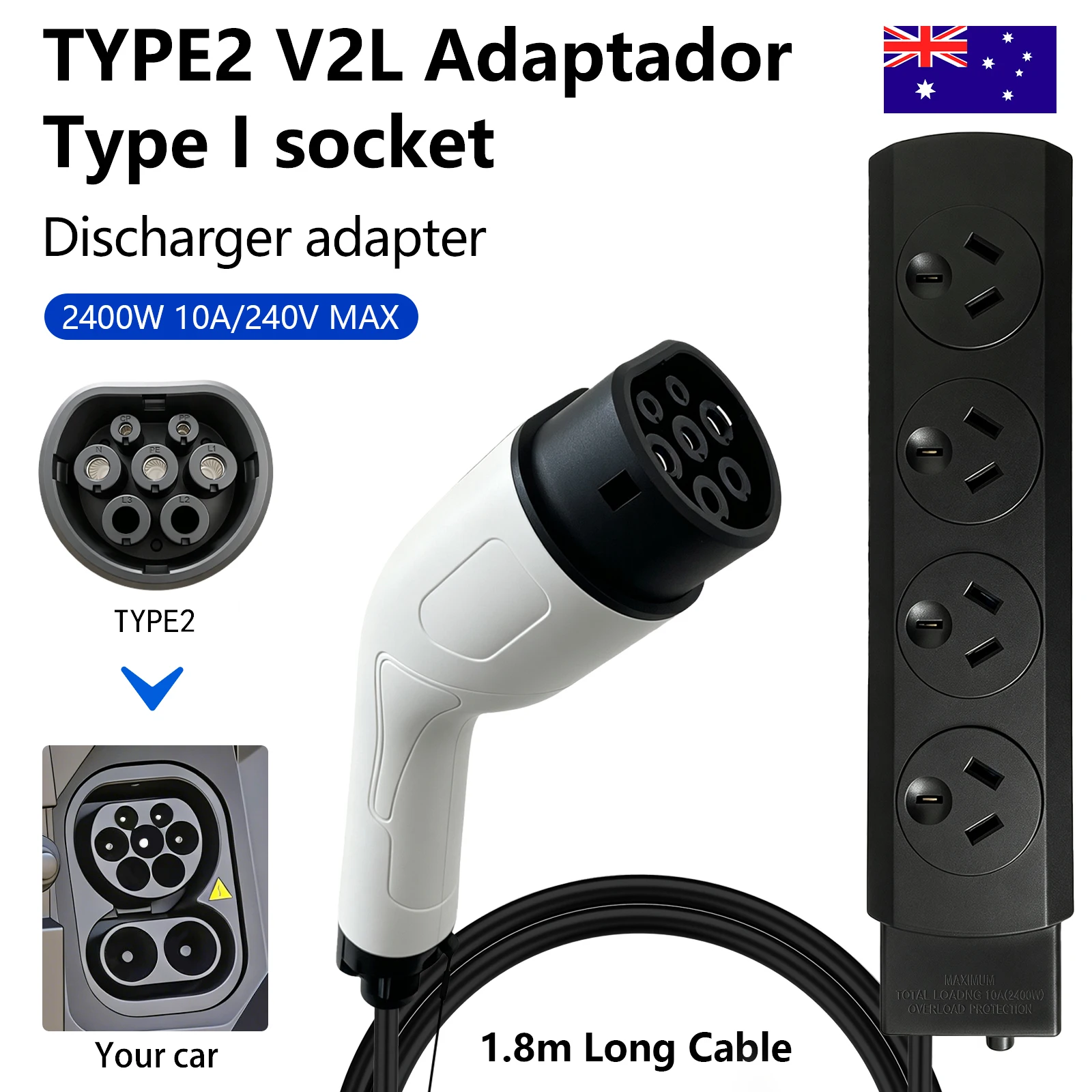 Adaptador de descarga V2L tipo 2 de 2400W para vehículos eléctricos, cable de carga con enchufe AU, accesorio de salida de energía de emergencia para camping al aire libre