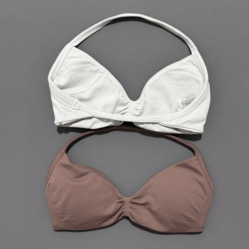 Sujetador deportivo con tirantes para mujer, top de gimnasio de alto soporte, tirantes finos, sin costuras, estilo halter, sujetadores deportivos con efecto fruncido para entrenamiento y yoga, con almohadillas