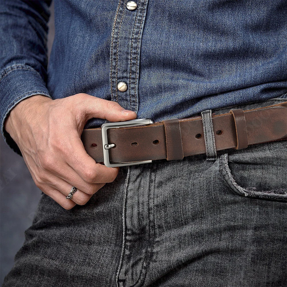 Hebilla de aguja de Metal antigua de alta calidad, cinturón informal de piel de vaca de capa superior de alta calidad para hombres con varios colores a elegir