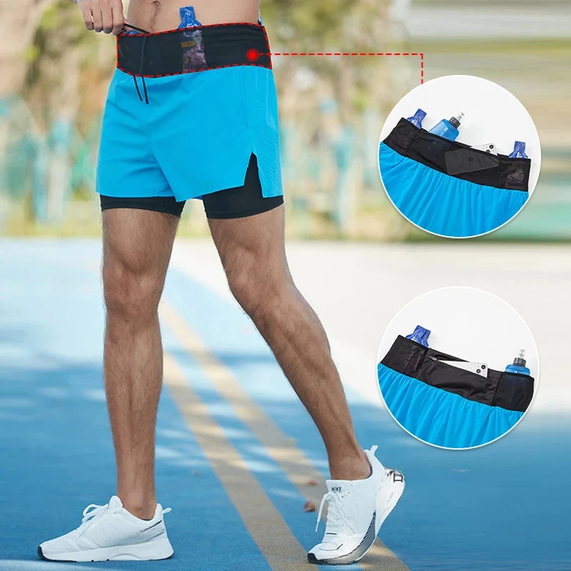 Pantalones cortos de doble cubierta para hombre, para correr, gimnasio, Fitness, correr, bolsillo de secado rápido, traning, trotar, entrenamiento