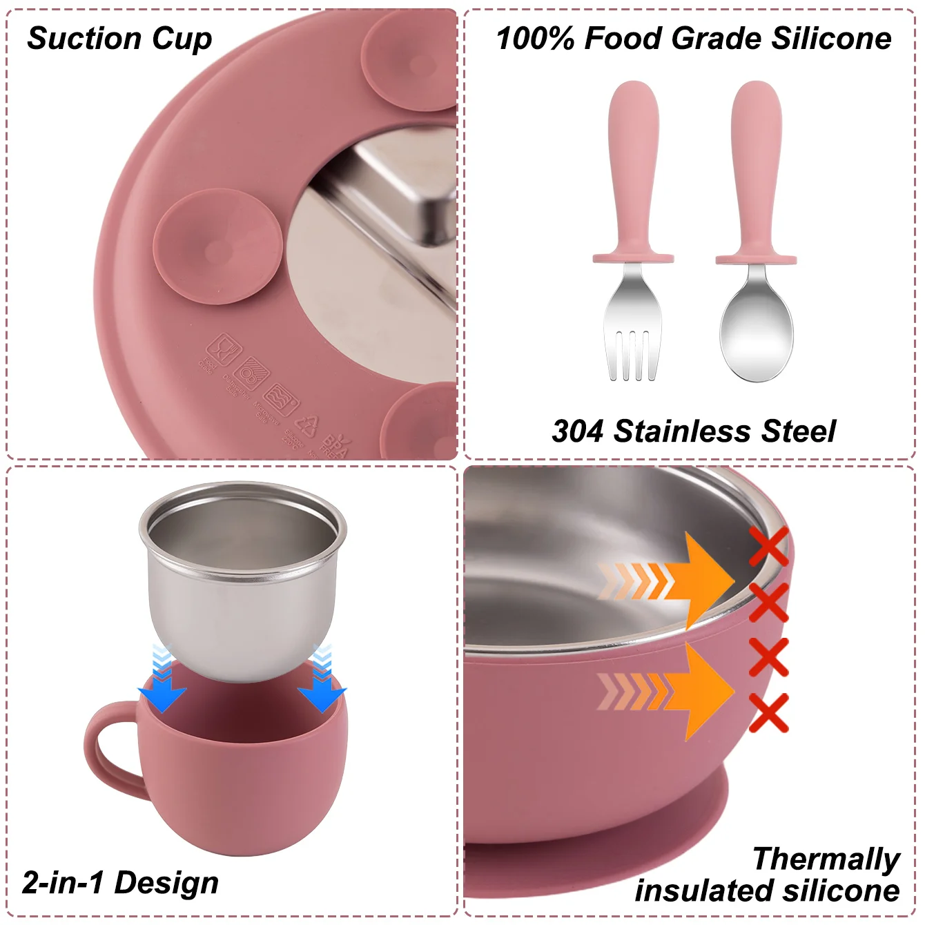 Color niños 5 uds juego de alimentación de bebé vajilla de silicona de acero inoxidable platos con ventosa plato tazón tenedor de entrenamiento cuchara taza infantil