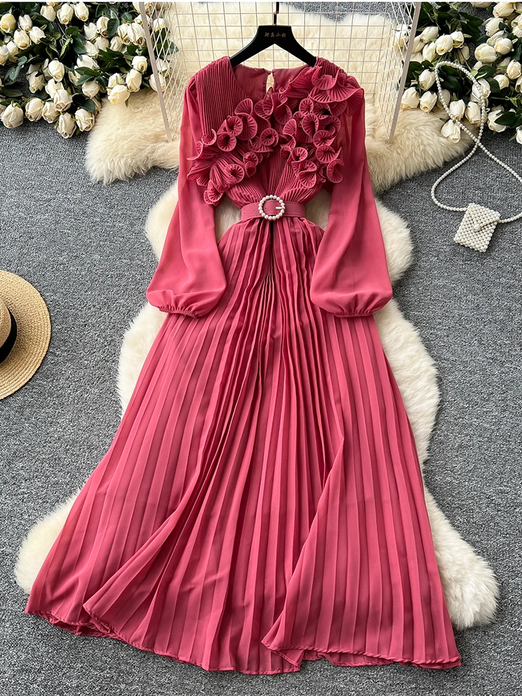 2026 primavera otoño moda elegante vestido para mujeres nuevo francés seta borde prensado suelto gasa manga larga vestido largo C141