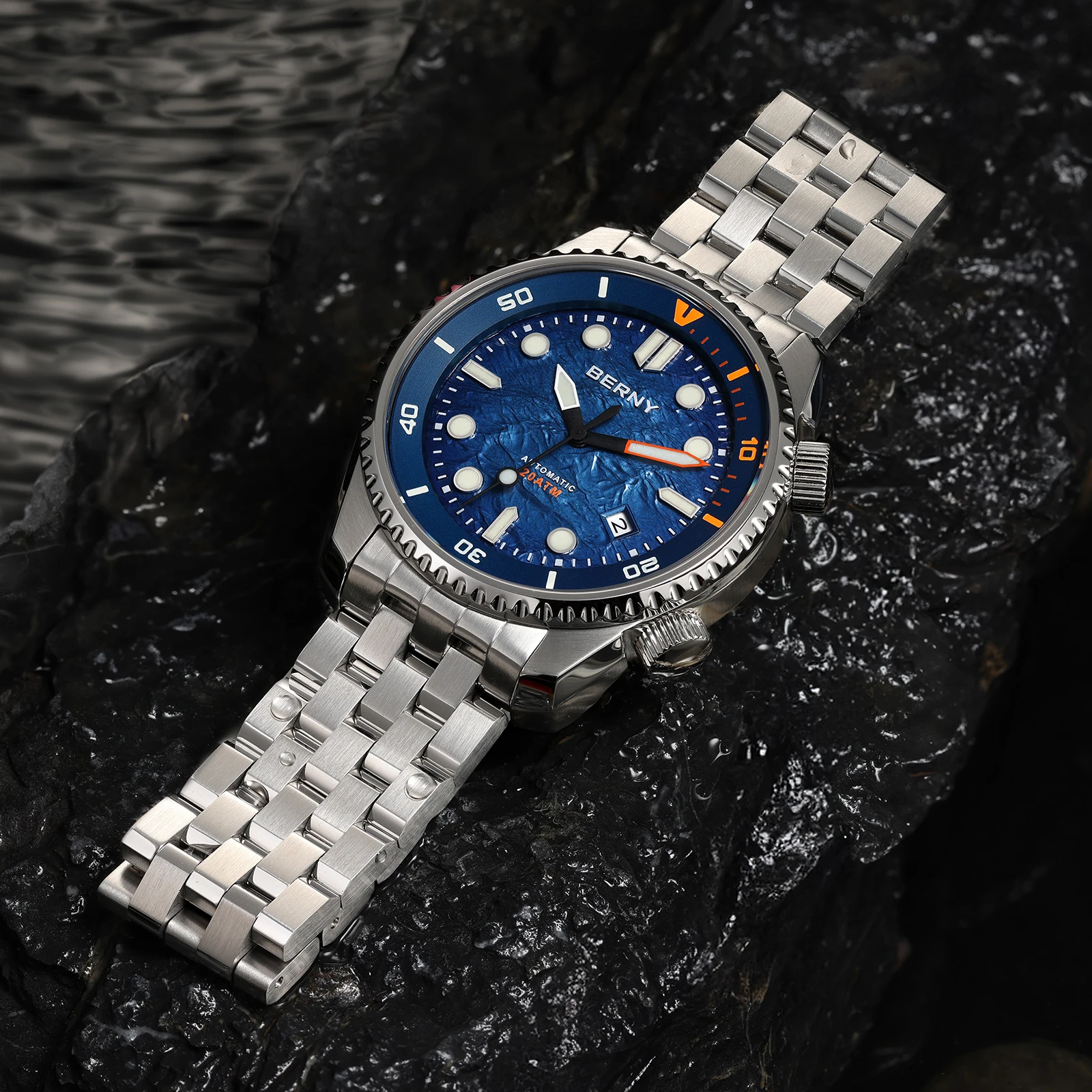 Reloj de buceo automático BERNY para hombre, reloj de lujo con zafiro 316L, esfera New Wave, resistente al agua hasta 200M, relojes mecánicos de buceo para hombre