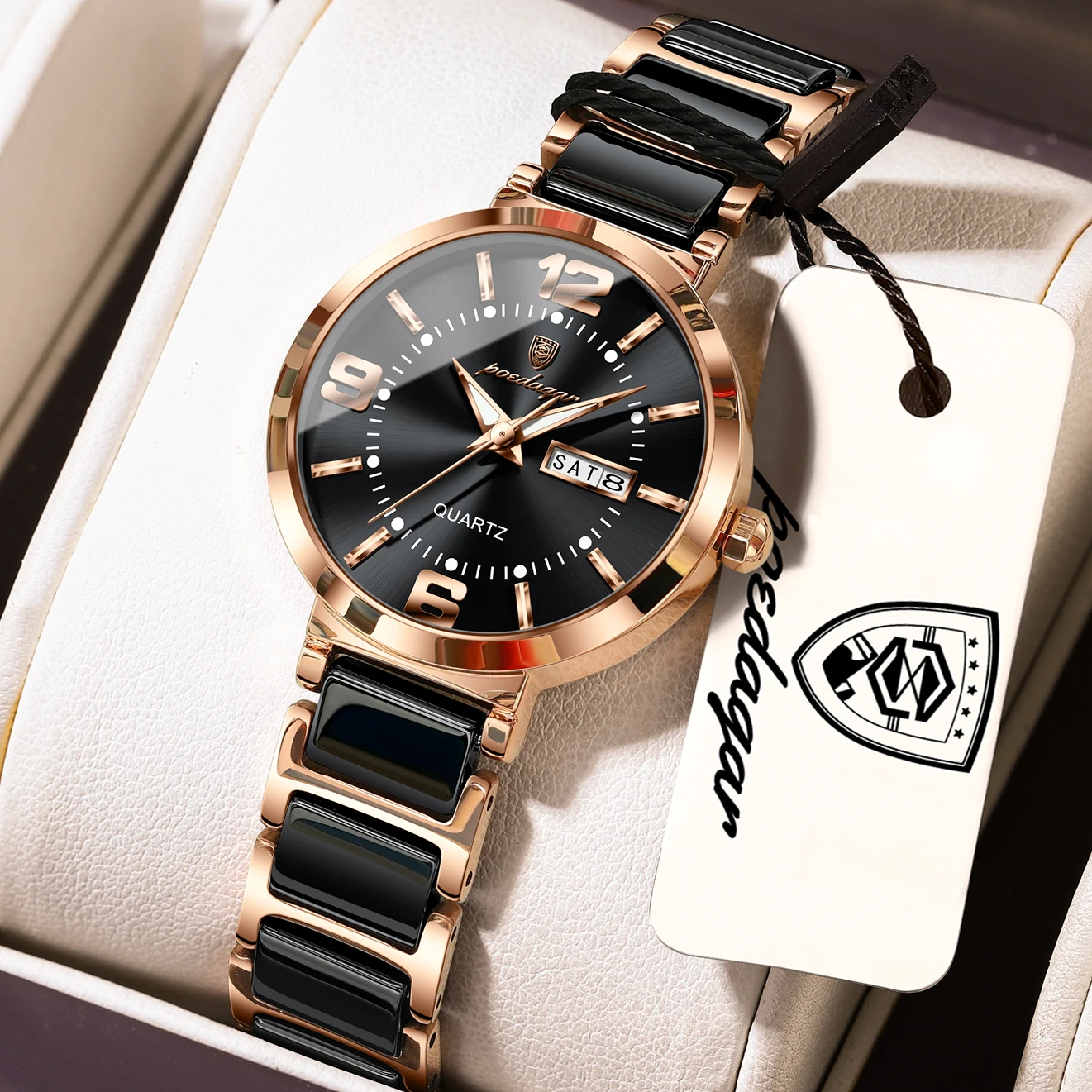 Relojes de moda POEDAGAR para mujer, reloj de lujo de cuarzo, resistente al agua, de acero inoxidable, con fecha y día de la semana, elegante reloj para mujer.