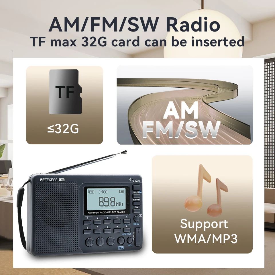 Radio RETEKESS V115 FM AM SW, Radios Portátiles Recargables, Múltiples Bandas, Grabadora USB, Altavoz para Personas Mayores TX32