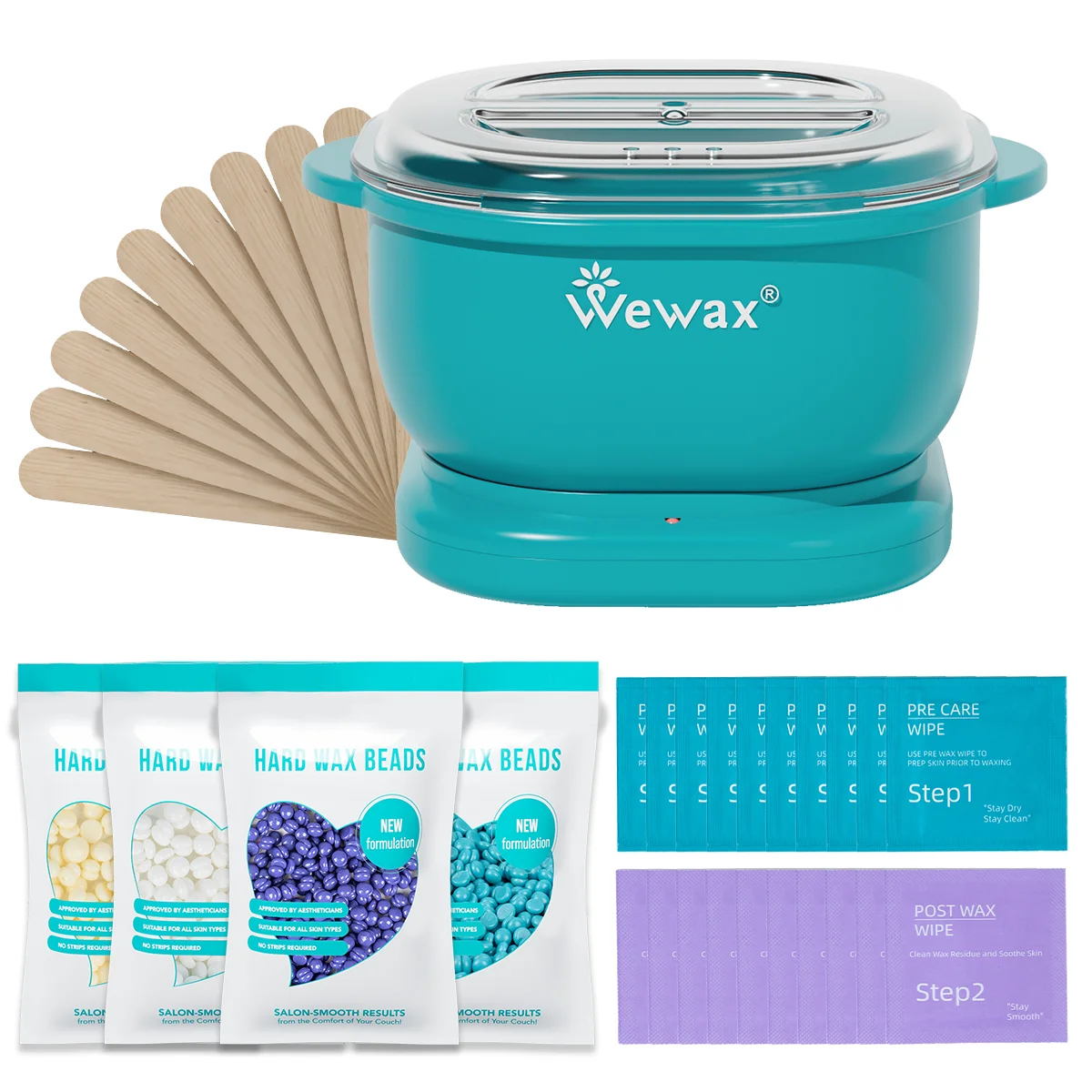 WEWAX Kit Calentador de Cera de Silicona Plegable de 35 Piezas con Enchufe Estadounidense, Granos de Cera Dura, Leche, Miel, Lavanda, Aloe Vera para Depilación Corporal Completa