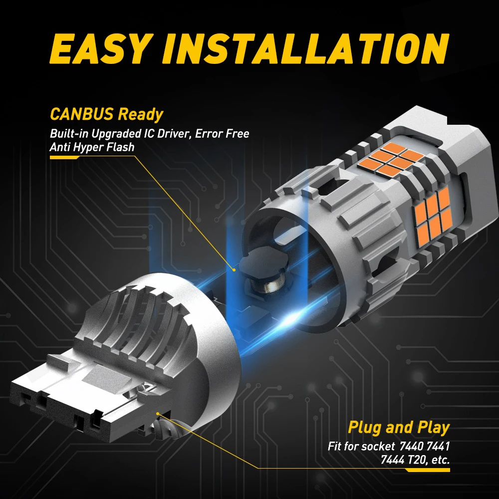 AUXITO 2 Piezas T20 LED Canbus Sin Hiperdestello W21W WY21W 7440 7440NA LED Ámbar para Luces de Señal de Giro de Coche, Sin Errores, Lámpara Automotriz 12V
