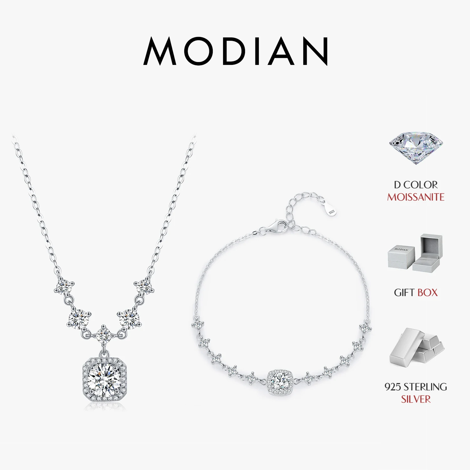 MODIAN D Color Moissanite Plata de Ley 925 colgante geométrico de lujo collar pulsera para mujer conjunto de joyería llamativa de boda