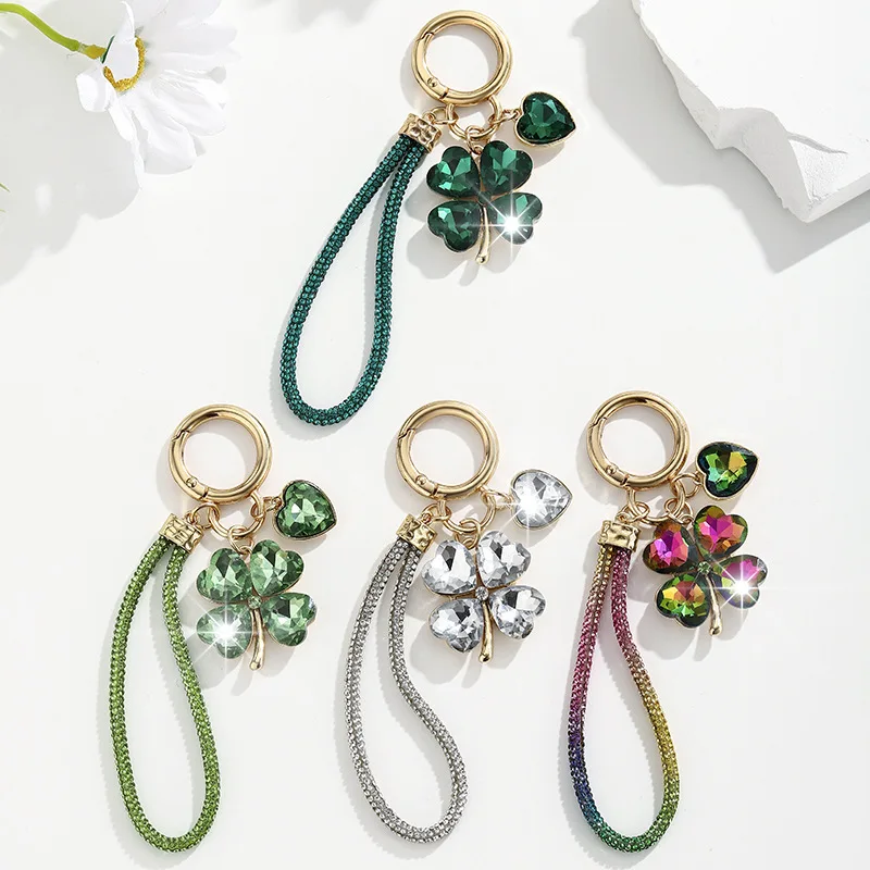 Llavero de Trébol de Cuatro Hojas para Mujer, Adorno de Bolso con Diamantes de Imitación y Correa de Muñeca, Anillo de la Suerte para Llaves de Coche, Accesorio de Bolso, Regalo