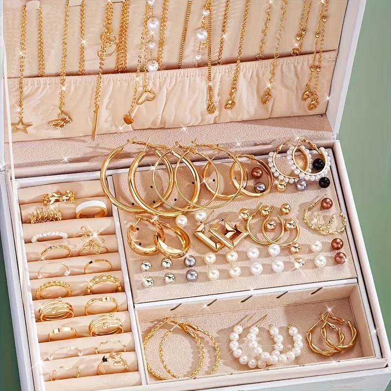 Juego de 86 piezas de joyería de moda para mujer, con perlas, aleación, aretes, collares, anillos, pulseras apilables, estilo bohemio, para fiesta o uso diario, sin caja.