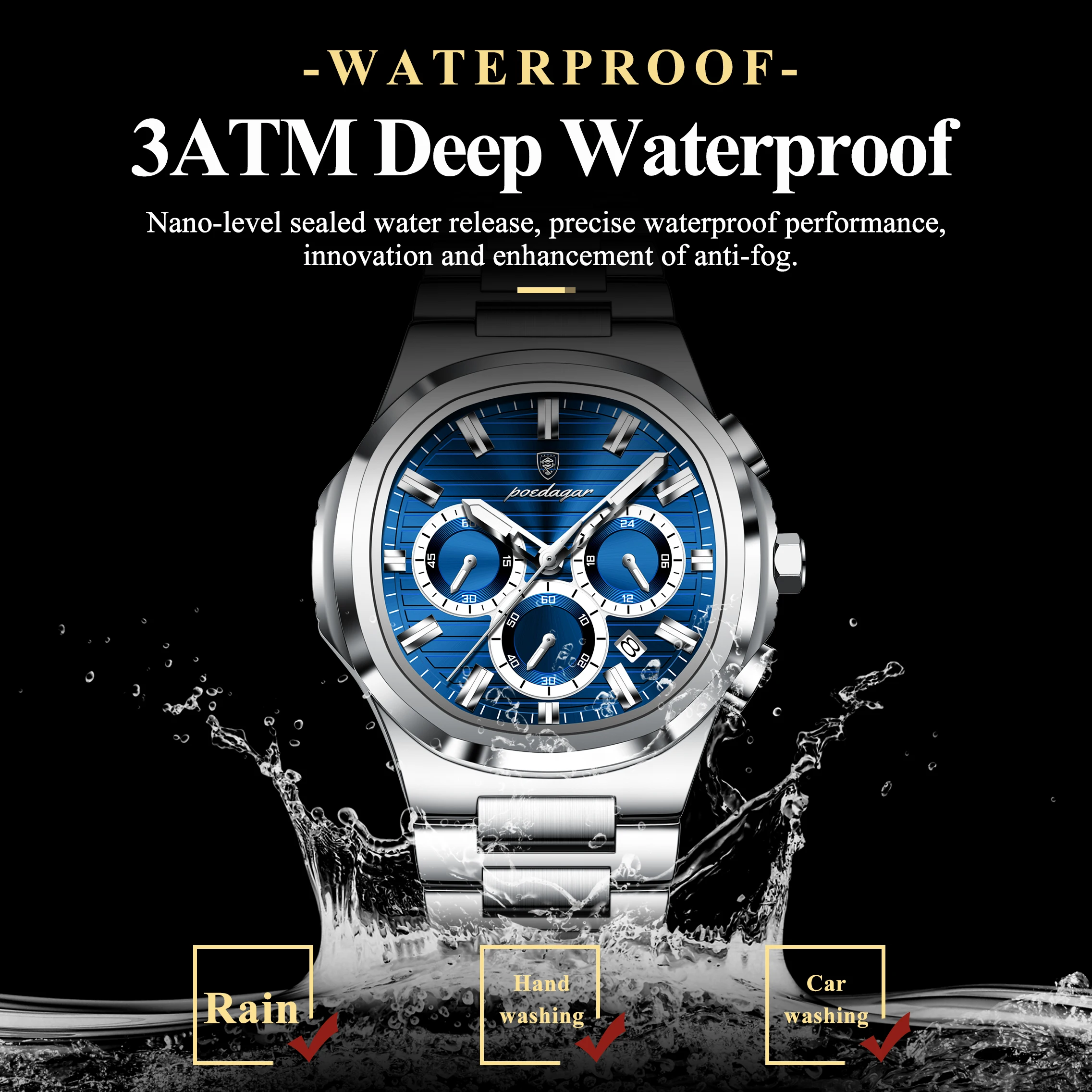 Reloj de pulsera POEDAGAR para hombre de negocios, de acero inoxidable, resistente al agua, luminoso, con fecha, cronógrafo, de cuarzo, moderno.