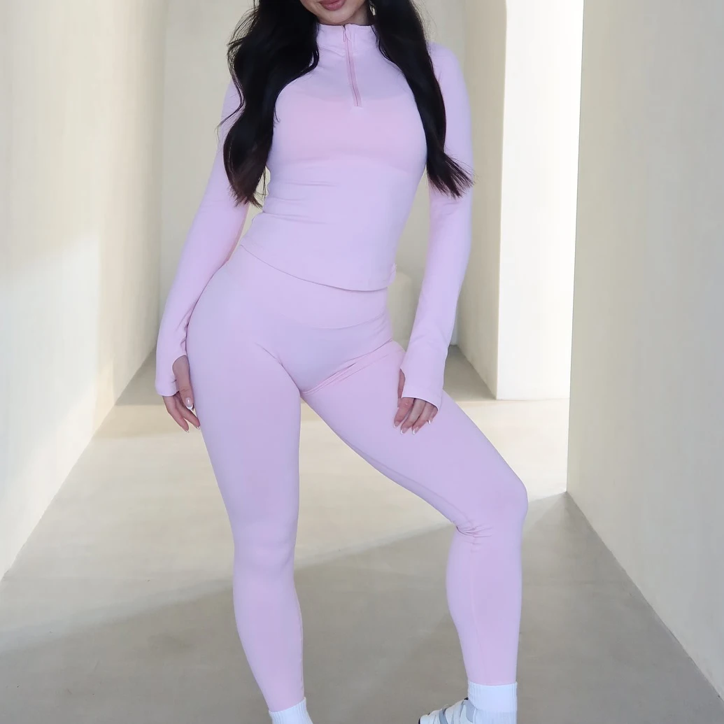 Top de gimnasio de manga larga con cierre parcial, leggings, camiseta para correr, conjuntos de yoga para mujer, ropa deportiva, conjunto de pantalones para entrenamiento de fitness en el gimnasio.