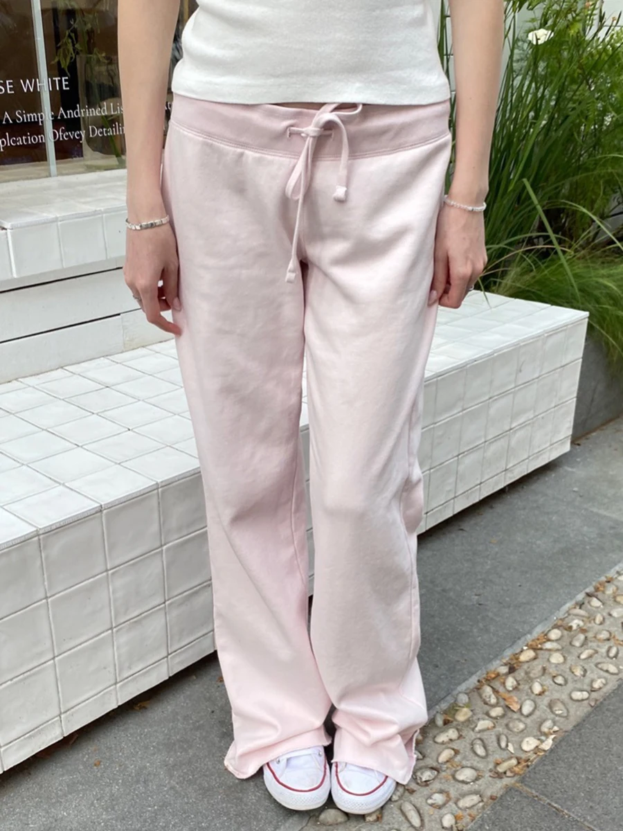 Nuevos pantalones deportivos de algodón rosa claro con cordón para mujer, de cintura baja, corte recto, largos, casuales y versátiles, con dobladillo sin rematar, ideales para primavera.