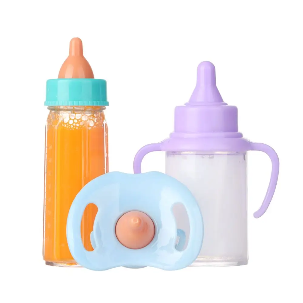 Muñeca de 18 pulgadas, botellas mágicas de jugo de leche con chupete, Baberos aptos para muñecas recién nacidas, botella de plástico para pezones, juguetes para casa de muñecas Reborn
