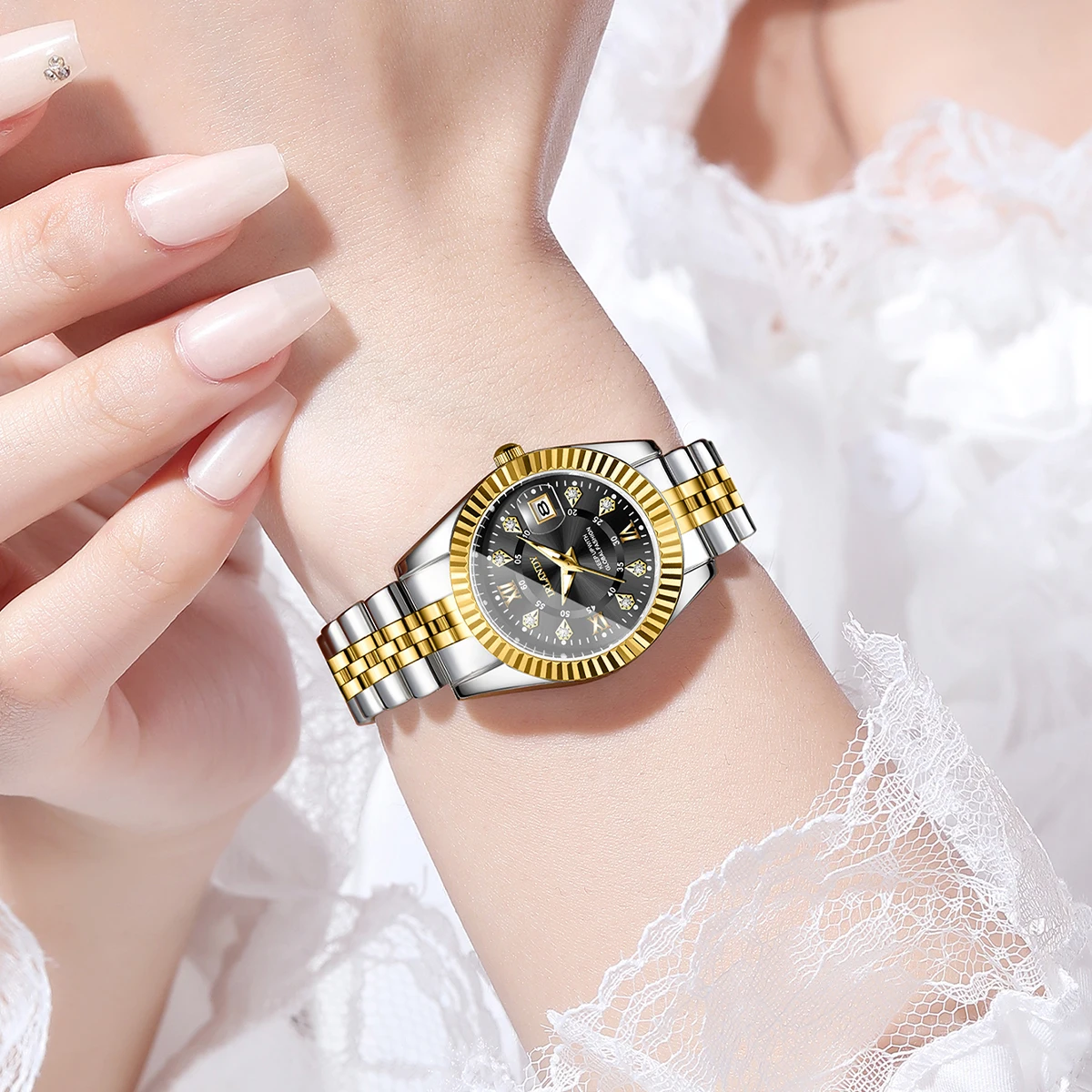 Reloj de cuarzo con esfera Roma para mujer, relojes de pulsera con calendario de acero inoxidable y diamantes de imitación para mujer, reloj femenino (sin caja)